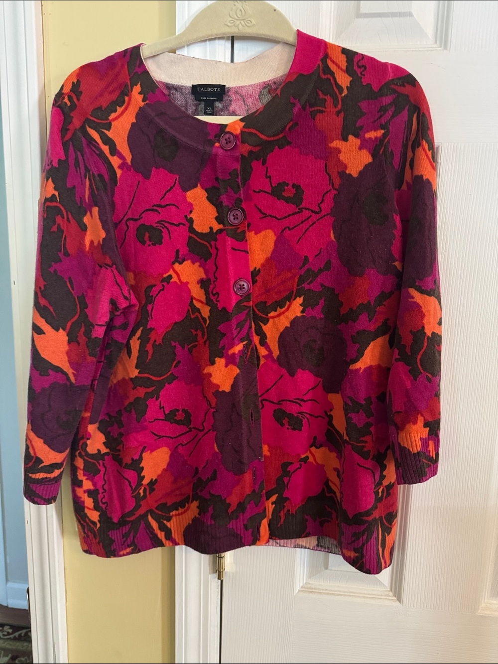 Talbots Floral Button-Front Cardigan in Fuchsia, Orange & Black